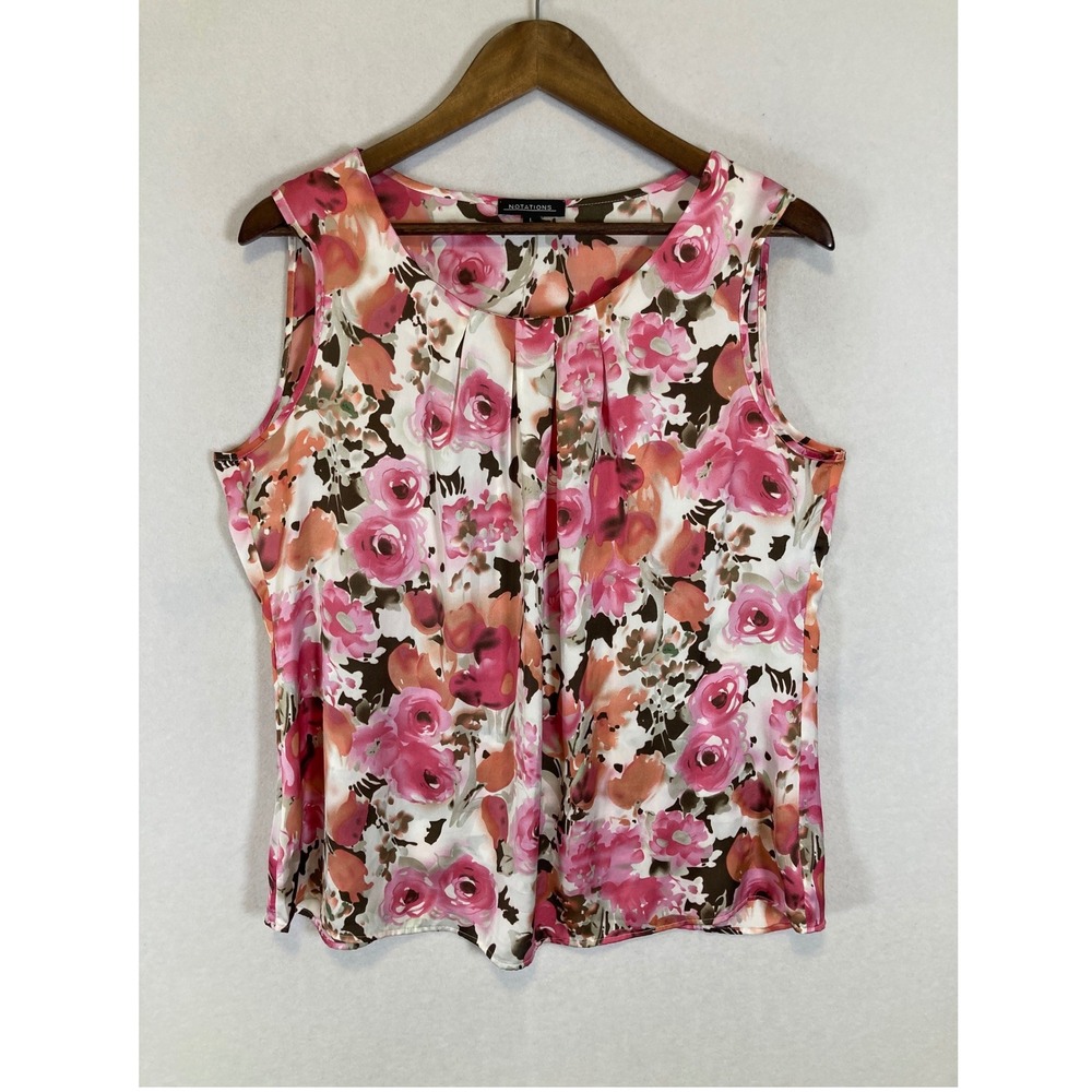 Romantic Cottagecore Notations Women Large Pink Floral Pleated Sleeveless Blouse